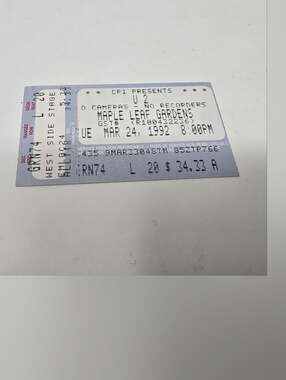 U2 Concert Stub Vintage 90s 1992 Toronto Ticket Zoo TV Tour Maple Leaf Gardens